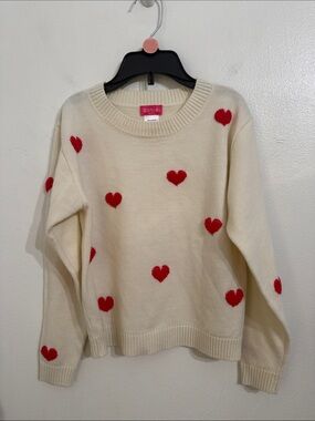 Zunie Cream Crewneck Sweater with Red Embroidered Hearts Medium 7/8 Girls Youth